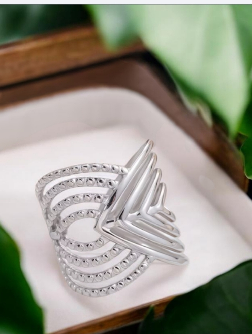 Stainless Steel Chevron Wave Statement Ring - Silver